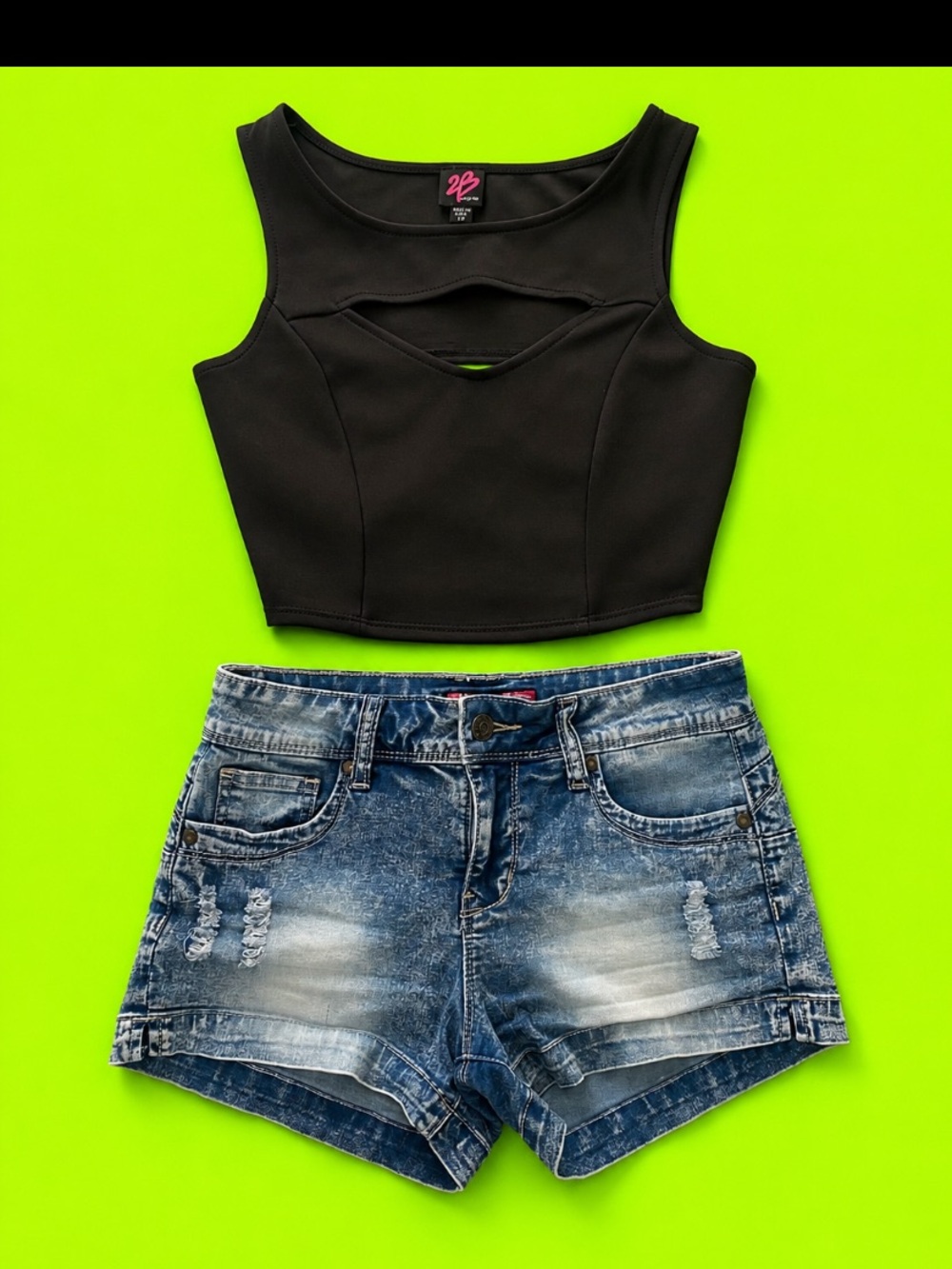 2B Bebe Black Cropped Cutout Tank with Distressed Blue Jean Shorts